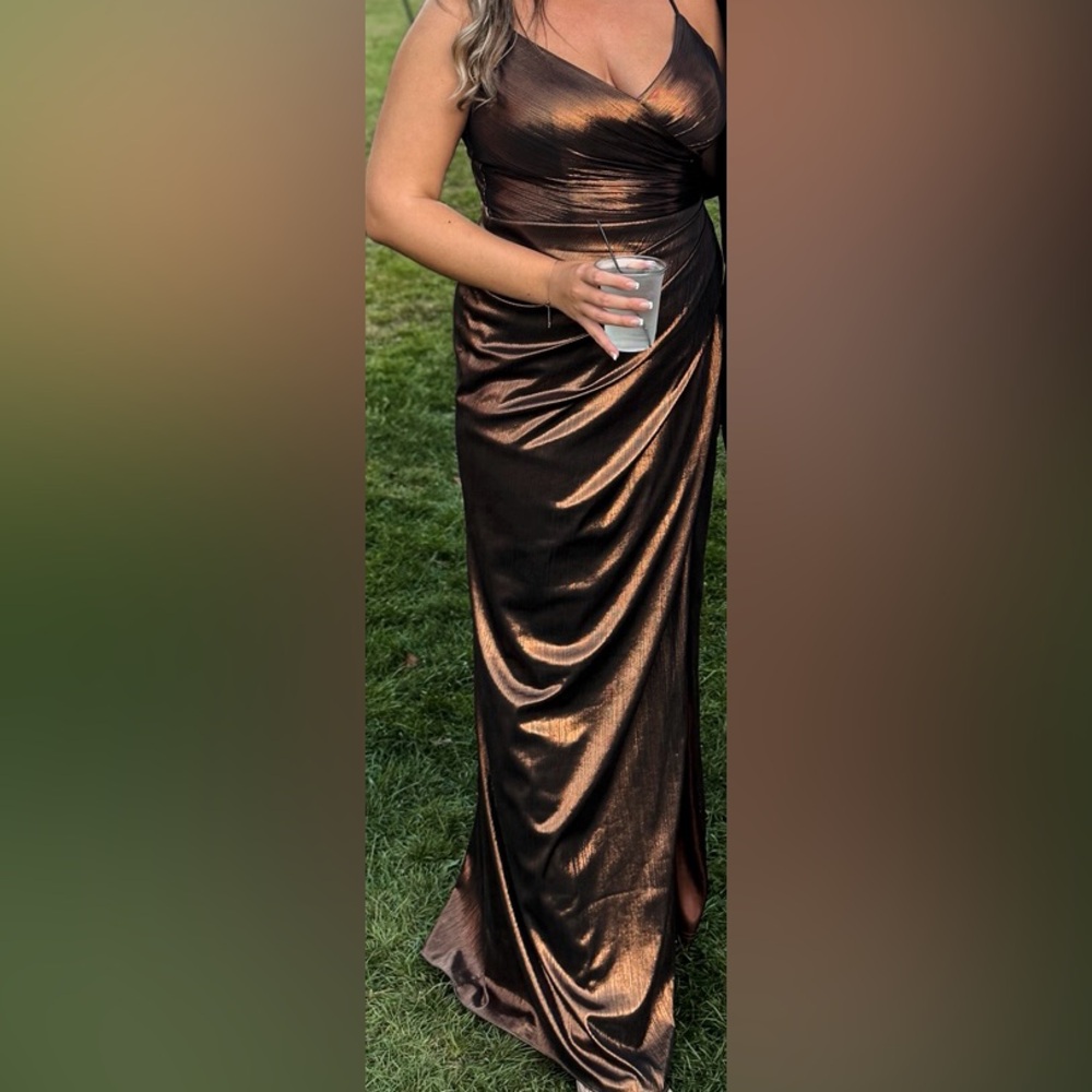 Metallic brown wedding guest dress